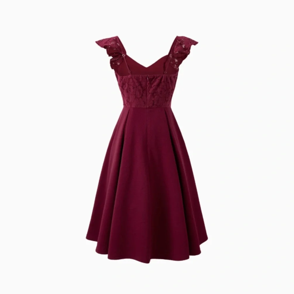 Wine Red A-Line Dress Lace Ruffle Sleeve, Women XL. - Picture 2 of 10
